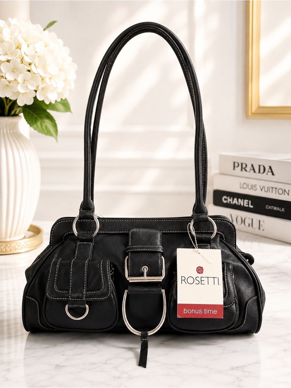 Vintage Y2K Rosetti Black Buckle Pocket Satchel Shoulder Bag NWT